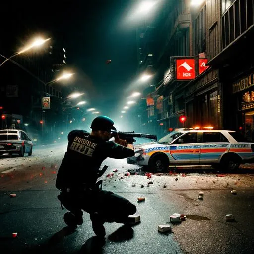 Prompt: police shooting, falling dollar bills, chaotic scene, realistic digital painting, dramatic lighting, intense action, high quality, realistic, dynamic composition, urban setting, vivid colors, dramatic shadows