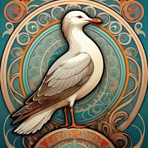 Prompt: Alphonse Mucha Style, art nouveau illustration of a standing seagull, thick lines, intricate details, beautiful colors, art nouveau styling