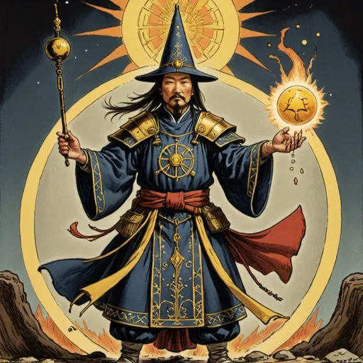 Prompt: A tarot card of "the magician" but themed from Sun Tzu's "Art of War". Include the caption "let your methods be regulated by the infinite variety of circumstances"