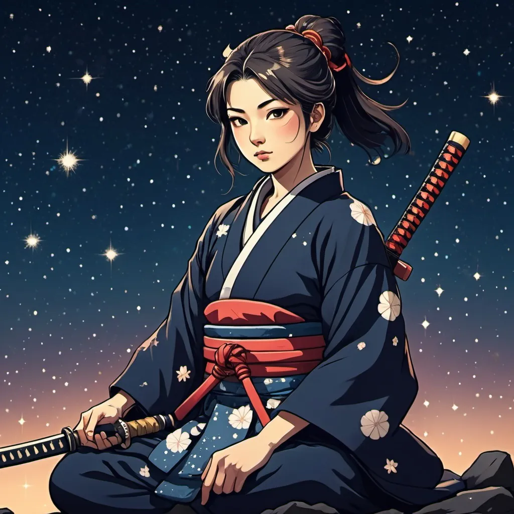 Prompt: A pretty samurai woman with tachi sits against a background of stars in anime style.