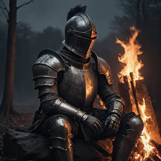 Prompt: Fully armored knight, melancholic campfire scene, dark rainy night, digital art, gothic style, close-up, rusty armor, dilapidated, sitting by fire, rethinking mistakes, detailed, highres, rainy atmosphere, somber mood, professional, atmospheric lighting, gothic, dark tones, reflective mood