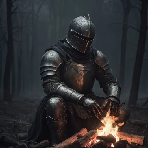 Prompt: Fully armored knight, melancholic campfire scene, dark rainy night, digital art, gothic style, close-up, rusty armor, dilapidated, sitting by fire, rethinking mistakes, detailed, highres, rainy atmosphere, somber mood, professional, atmospheric lighting, gothic, dark tones, reflective mood