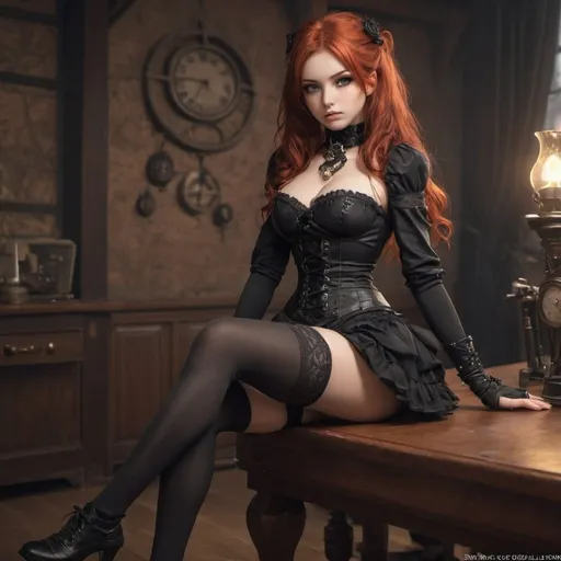 Prompt: Full-body view of a natural redhead anime girl, with green eyes and cute makeup, sitting on a table, legs crossed, wearing black thigh-high socks and a short skirt, in 3D realistic gothic steampunk style, only black corset and gloves, detailed facial features, high-quality, ultra-detailed, anime, steampunk, gothic, red hair, green eyes, cute makeup, sitting pose, black thigh-high socks, short skirt, detailed 3D rendering, gothic fashion, steampunk style, black corset, black gloves