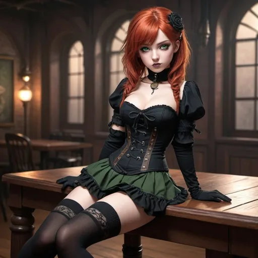 Prompt: 3D realistic anime illustration of a natural red-haired girl with green eyes, sitting on a table, full-body view, cute makeup, small nose, protruding lips, beautiful face, black thigh-high socks, black short skirt, goth girl, steampunk style, only black corset, black gloves, detailed eyes, professional quality, highres, ultra-detailed, anime, goth, steampunk, realistic, full-body view, cute makeup, detailed clothing, atmospheric lighting