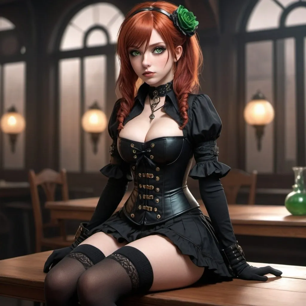 Prompt: 3D realistic anime illustration of a natural red-haired girl with green eyes, sitting on a table, full-body view, cute makeup, small nose, protruding lips, beautiful face, black thigh-high socks, black short skirt, goth girl, steampunk style, only black corset, black gloves, detailed eyes, professional quality, highres, ultra-detailed, anime, goth, steampunk, realistic, full-body view, cute makeup, detailed clothing, atmospheric lighting