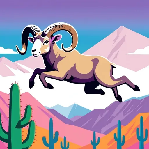 Prompt: illustrations of a bighorn sheep leaping with san jacinto mountains in the background in palm springs with green cactus and palm trees, purple and pink mountains, a blue sky with white clouds, flat design,simple shapes,vector,colorful,2D, modern, pop colours, friendly design, suitable for a child under 5 years old, text should include one large letter 'B' in the top left corner in the design colour palette, and with the text below 'B is for Bighorn Sheep, In the desert hills, they leap!' across two lines.