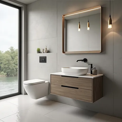 Prompt: Modern bathroom with toilet and wash basin
