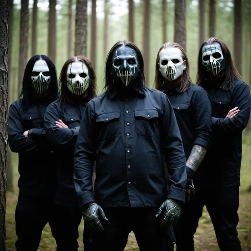 Prompt: Create a photo for a 3 member metal band whit gruge clotes style but whit mask like Slipknot in a nordic Forest