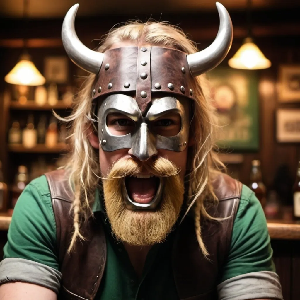 Prompt: create an image for a grunge band whit cowboy mask on face in a irish pub whit Viking hair cut