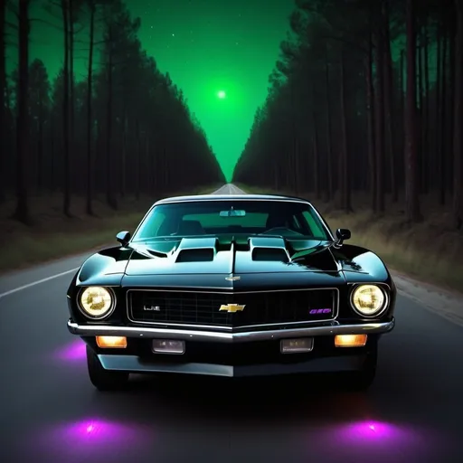 Prompt: Create an image whit Luke Leto that drive an old 70s black Camaro in the night whit Violet and Green light in a road near a Wood 