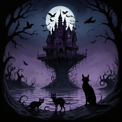 Prompt: Imagine a cover album by Luke Torrand at the center, with stylized features in a Tim Burton style, surrounded by Gothic elements like crows, black cats, and withered roses. All set in a nocturnal scene dominated by dark and deep hues, with accents of purple and midnight blue. The album title could be written in an eccentric and Gothic font, reminiscent of Tim Burton's style.Title:
"Shadows from the Depths"