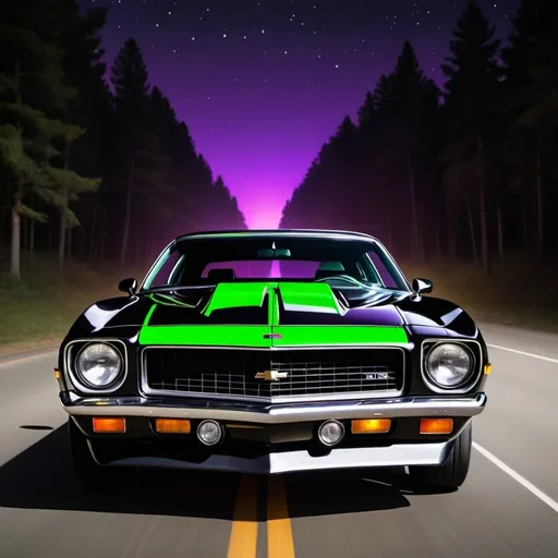 Prompt: Create an image whit Luke Leto that drive an old 70s black Camaro in the night whit Violet and Green light in a road near a Wood 