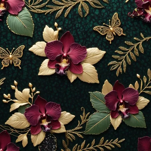 Prompt: an image whit Dark purple orchids and deep red hibiscus flowers are depicted with an artistic and understated touch. The leaves, in dark green with subtle golden accents, add a discreet contrast. The background features a very delicate, almost imperceptible black filigree pattern. Small golden bees and iridescent butterflies are elegantly incorporated. Finely woven golden and silver threads add a touch of luxury without being overly flashy. Scattered black sequins create a subtle, shimmering effect, conveying a sense of mystery and sophistication.