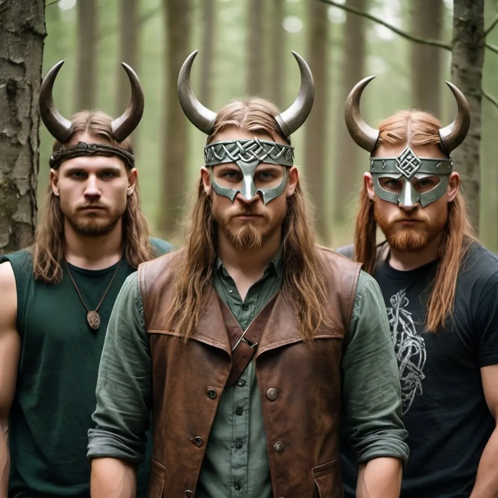 Prompt: create a "Dirty Leaves" band photo or template of 3 band members dressed in a grunge look and one of them must have brown hair cut like a Viking, but with faces covered by Celtic masks standing together in a Nordic forest