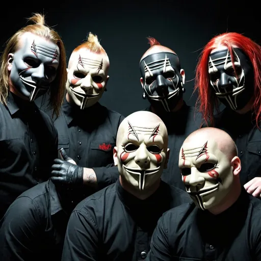 Prompt: Create a photo for a metal band in gurge stile but whit mask like slipknot