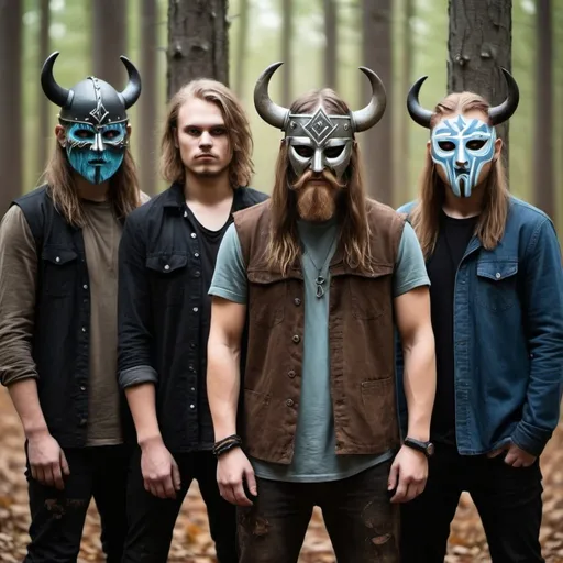 Prompt: create a "Dirty Leaves" band photo or template of 3 band members dressed in a grunge look and one of them must have brown hair cut like a Viking, but with faces covered by horror masks standing together in a Nordic forest