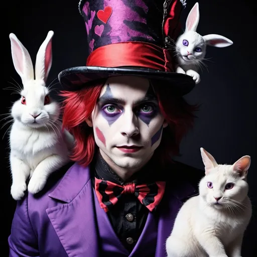 Prompt: create a dark photo of Luke Leto in the context of Alice in Wonderland with the haunted cat, the bunny and the mad hatter and the queen of hearts. use colors like purple, red and black