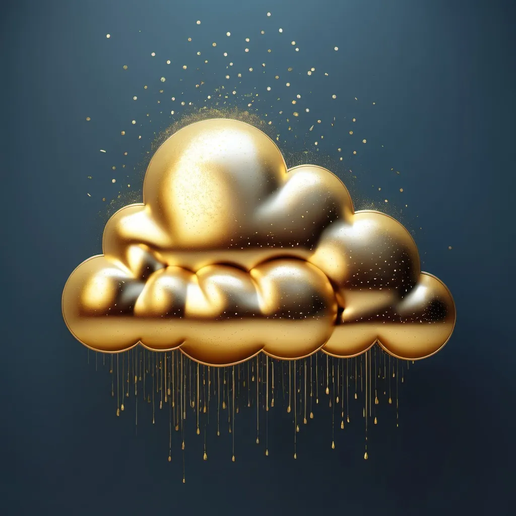 Prompt: Cloud made out of gold raining gold
