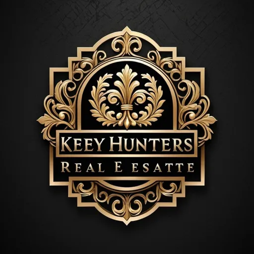 Prompt: Key Hunters Real Estate logo, metallic gold elegant design, intricate detailing, high quality, professional,detailed metallic textures