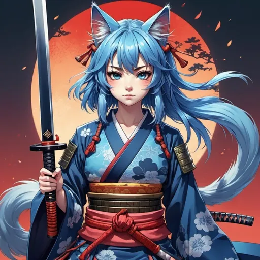 Prompt: Anime illustration of a Neko samurai girl with a fantasy theme, cat ears and tail, traditional samurai Armor , intricate katana sword, mystical energy effects, vibrant and rich color palette, high quality, anime, fantasy, detailed fur, traditional clothing, mystical, vibrant colors, detailed sword, Anime art style, blue hair