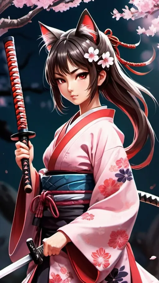 Prompt: Anime illustration of a Neko samurai girl with a fantasy theme, detailed cat ears and tail, traditional Japanese attire, cherry blossom background, intricate katana sword, mystical energy effects, vibrant and rich color palette, high quality, anime, fantasy, detailed fur, traditional clothing, mystical, vibrant colors, cherry blossom, detailed sword, professional, atmospheric lighting