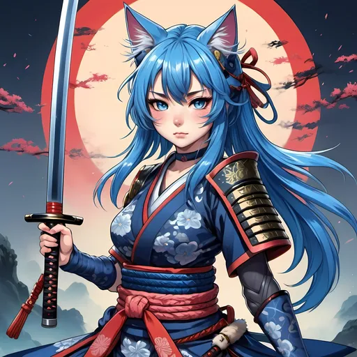 Prompt: Anime illustration of a Neko samurai girl with a fantasy theme, cat ears and tail, samurai Armor , intricate katana sword, mystical energy effects, vibrant and rich color palette, high quality, anime, fantasy, detailed fur, mystical, vibrant colors, detailed sword, Anime art style, blue hair,