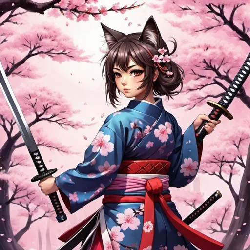 Prompt: Anime illustration of a Neko samurai girl with a fantasy theme, cat ears and tail, traditional Japanese attire, cherry blossom background, intricate katana sword, mystical energy effects, vibrant and rich color palette, high quality, anime, fantasy, detailed fur, traditional clothing, mystical, vibrant colors, cherry blossom, detailed sword, Anime art style