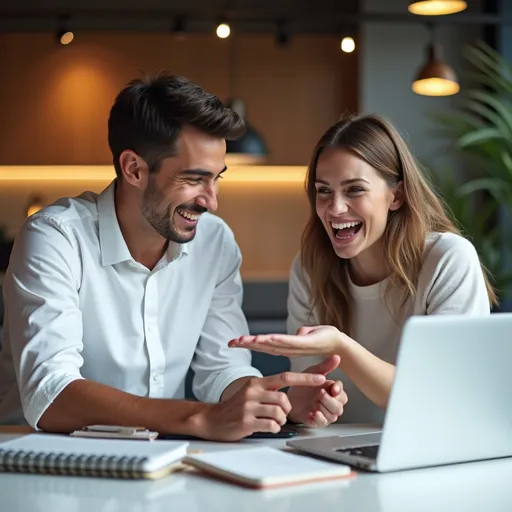 Prompt: In a modern, well-lit indoor space, two young adults engage in an animated discussion at a sleek, minimalist table. The male figure, clad in a crisp white shirt, leans slightly forward, pointing at a digital device, while the female, dressed in a casual white top, gestures expressively, her face lit with enthusiasm. The background features warm wooden tones and contemporary lighting, suggesting a professional yet inviting atmosphere. A laptop and some notebooks rest on the table, adding to the scholarly vibe of their collaboration. This scene captures a moment of connection and shared ideas, resonating with a sense of teamwork and creativity.