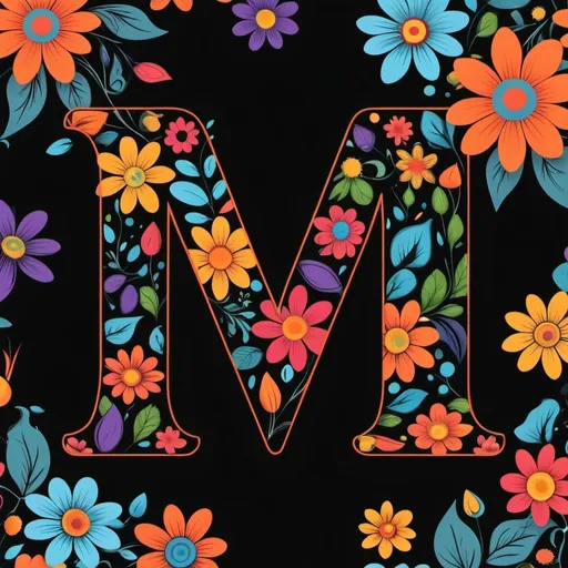 Prompt: Vector image with black color background of a colored flowers with a letter m