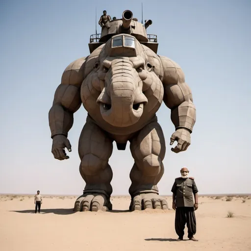 Prompt: a 20 foot tall indian giant who's torso is a russian tank.  standing in a desert
