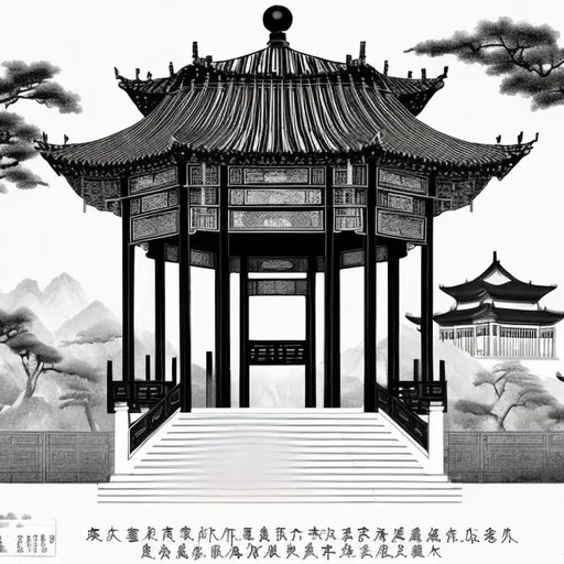 Prompt: A black and white engraved illustration image of a Chinese pavilion 