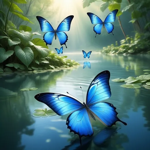 Prompt: (ethereal scene) Blue butterflies fluttering gracefully, serene river below, gentle ripples reflecting (soft sunlight), lush greenery on the banks, (tranquil atmosphere), peaceful ambiance, intricate details on butterfly wings, fluttering action, subtle reflections in the water, (ultra-detailed), high-definition scenic beauty, harmonious colors blending seamlessly.