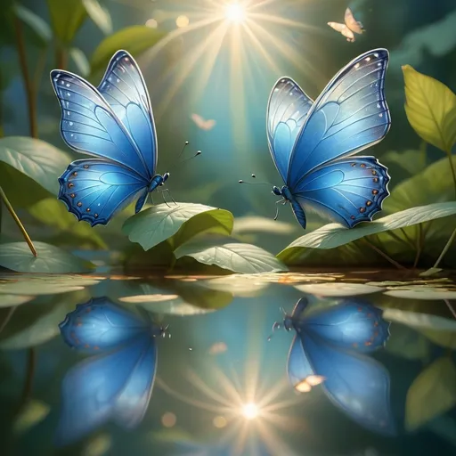 Prompt: blue butterflies (ethereal), shimmering over a tranquil lake, reflection of the sky in the water, soft sunlight creating a warm glow, serene and peaceful ambiance, surrounded by lush greenery, detailed wings with intricate patterns, ultra-detailed, high-quality nature scenery, calm and uplifting mood, capturing the delicate beauty of nature.