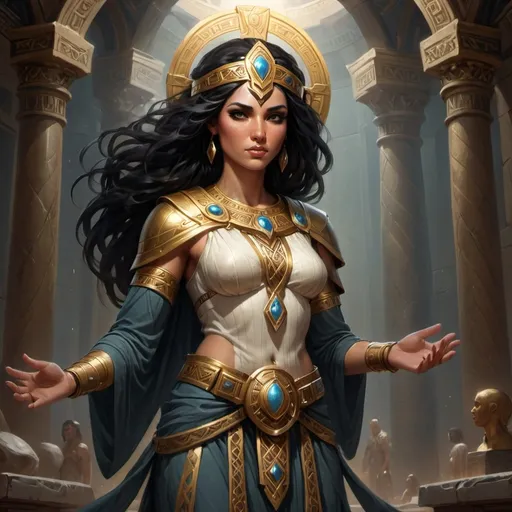 Prompt: A Female Diety named Ma'at a' kai, who is the Ruling Diety of the Pantheon.  She has Black Hair, and her Portfolio is Fate, Destiny, Language, Writing.  Combine Elements of Celtic, Slavic and Egyptian myth.

