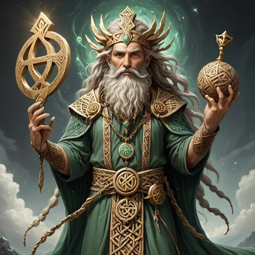 Prompt: A Male Diety named Gamayun, God of Math, Knowledge, Symbols. Combine elements of Slavic, Celtic, and Persian Mythologies and religions.