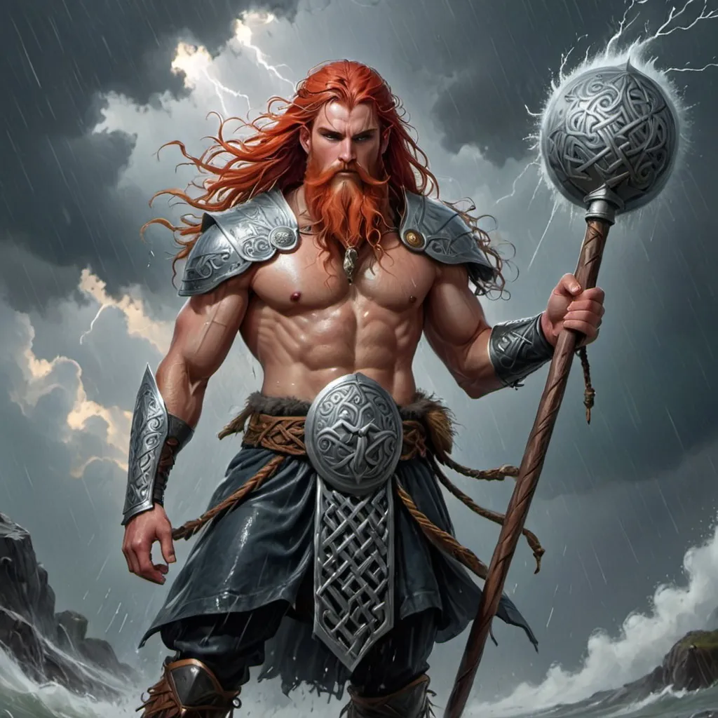 Prompt: A Male Diety named Teiwaz God of the Sky, Rain, Wind, Clouds, Storms. Red and Silver Hair, Facial Hair.  Weilds a Mace of Storms.  Combine elements of Norse, Celtic and Slavic Mythologies.

