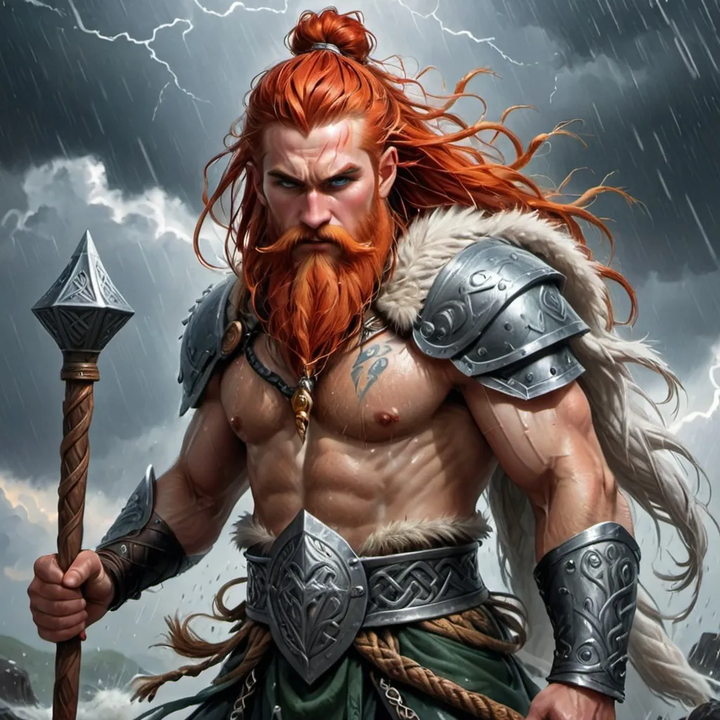 Prompt: A Male Diety named Teiwaz God of the Sky, Rain, Wind, Clouds, Storms. Red and Silver Hair, Facial Hair.  Weilds a Mace of Storms.  Combine elements of Norse, Celtic and Slavic Mythologies.

