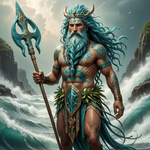 Prompt: Aneptz.  Male God of the Oceans, Rivers, Lakes, and Balance.  Hair with the Colors of the Deepest Ocean and Clearest Lake.  Must have a Beard.  Weilds a Pentadent (5 pronged trident/spear)  Combine Elements of Etruscan, Persian, and Norse Mythologies and Religions.

