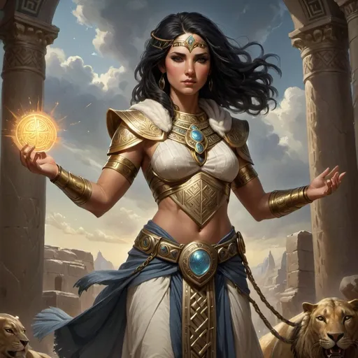 Prompt: A Female Diety named Ma'at a' kai, who is the Ruling Diety of the Pantheon.  She has Black Hair, and her Portfolio is Fate, Destiny, Language, Writing.  Combine Elements of Celtic, Slavic and Egyptian myth.

