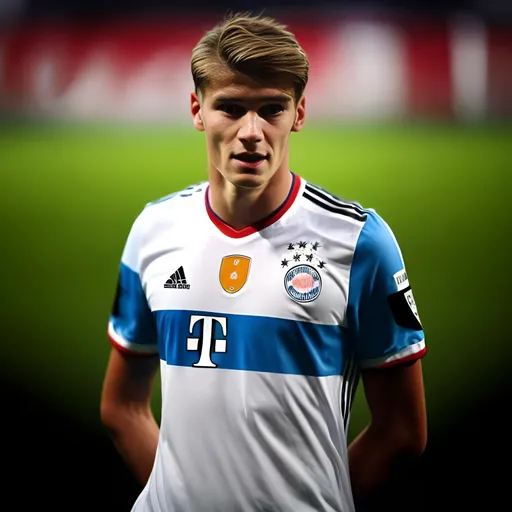 Prompt: A German football player, aged 18, playing for Bayern Munich in the Bundesliga. He is tall and powerful, with short hair and a handsome appearance, and is a standard South American white