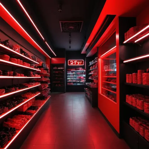 Prompt:  24 / 7 store behine, red and black, neon, darkness

