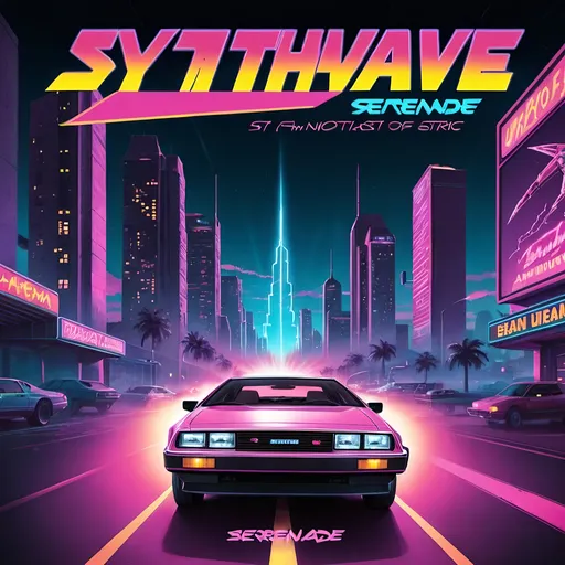 Prompt: The album cover for "Synthwave Serenade" features a synthwave aesthetic from the 80s, with vibrant neon lights illuminating a futuristic city in the background. The title uses the mythical font from Back to the future. A vintage DeLorean from Back To The Future with its characteristic lightnings, lit up by neon lights, is traversing the scene, evoking a sense of speed and nocturnal adventure. The atmosphere is electric, capturing the essence of the album's retro-futuristic music.