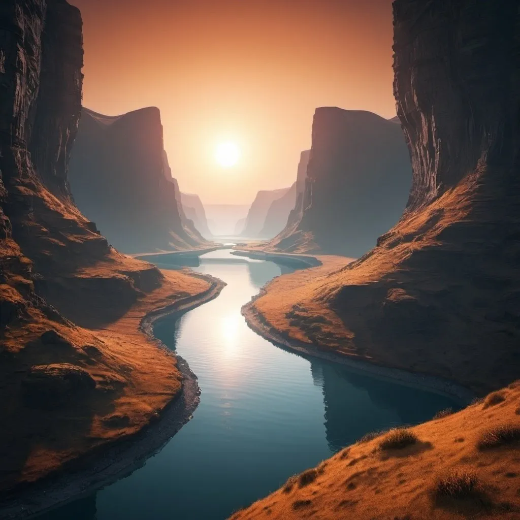 Prompt: Futuristic landscape with sun set water in the gorge