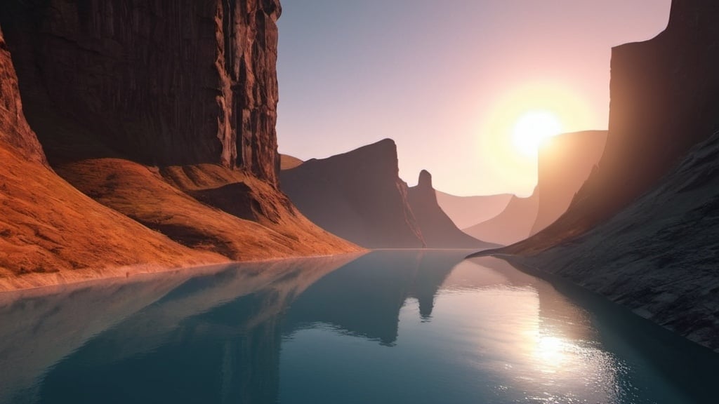 Prompt: Futuristic landscape with sun set water in the gorge