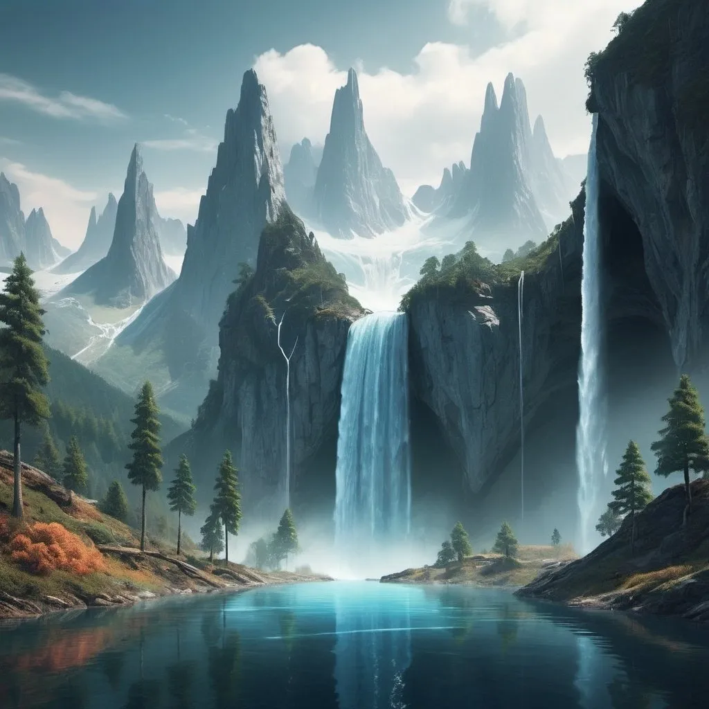 Prompt: Futuristic landscapes with water fall, mountains, forests