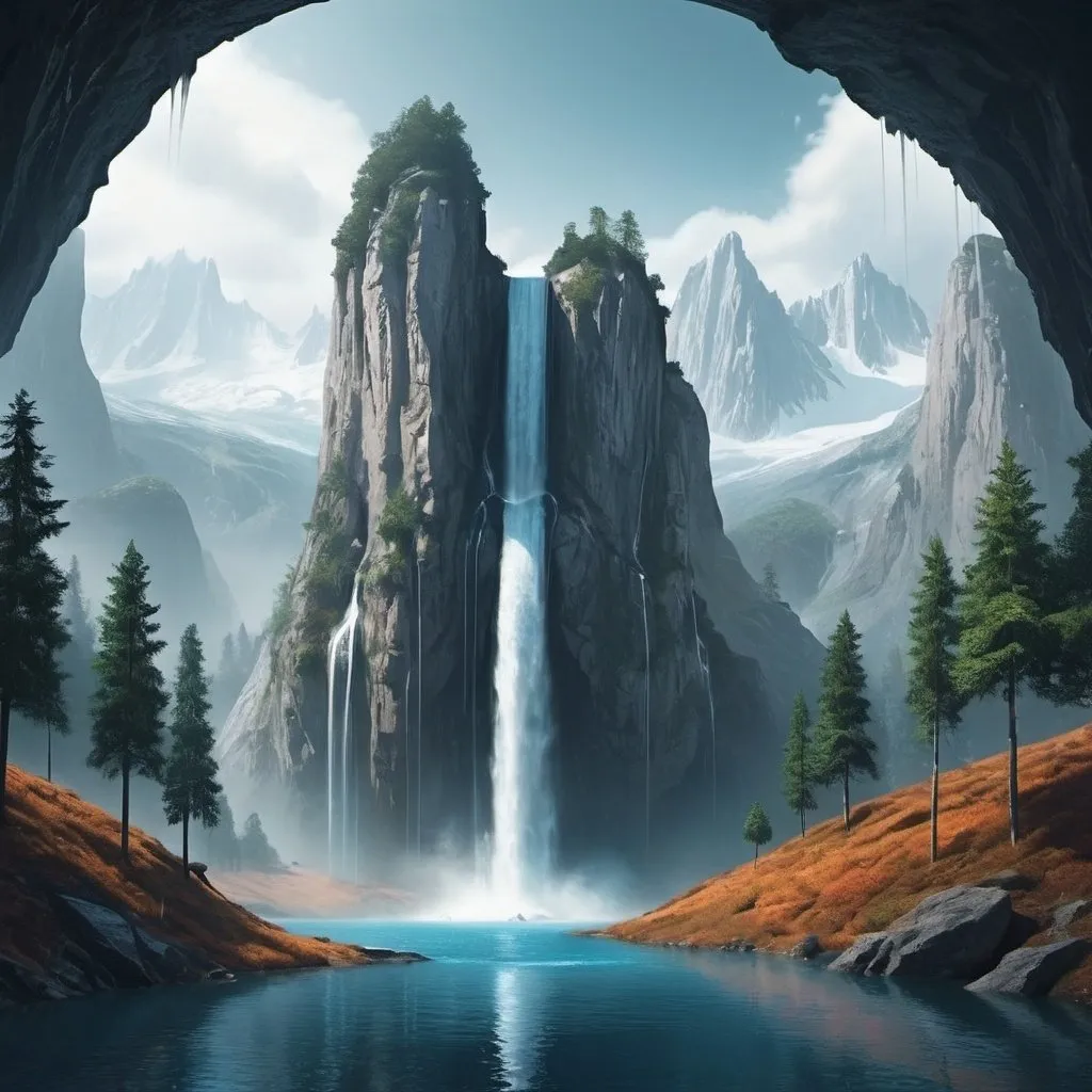 Prompt: Futuristic landscapes with water fall, mountains, forests