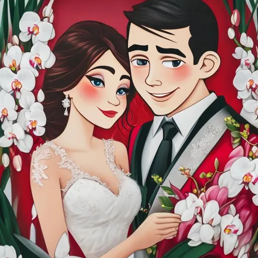 Prompt: Wedding invitation, on which you can see in a red Nissan Sunny car, the cartoon bride and groom , the bride, is holding a bouquet full of white orchids.