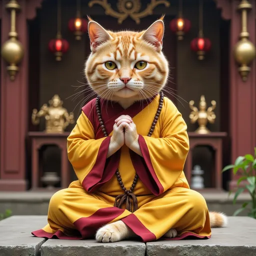 Prompt: fat orange cat in monk's clothes complete with prayer beads is sitting cross leg, paws together in prayer, eyes open looking straight ahead. behind you can see temple walls with related objects of worship 