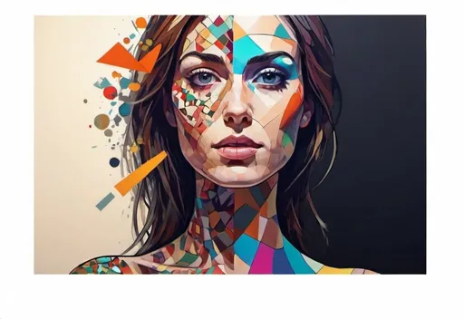 Prompt: A detailed portrait of a woman with one side realistic and the other side abstract, featuring vibrant colors and fragmented patterns, without any text or additional elements in the background