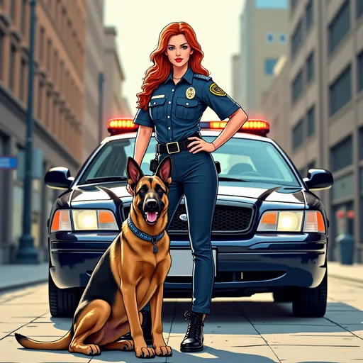 Prompt: a tall fit redhead woman police officer standing next to a german shepherd dog on the street with a police car behind her and a police car behind her, comic book style